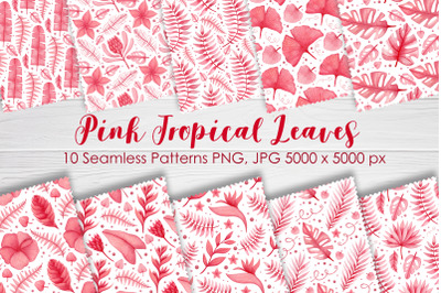 Watercolor pink tropical leaves seamless patterns.