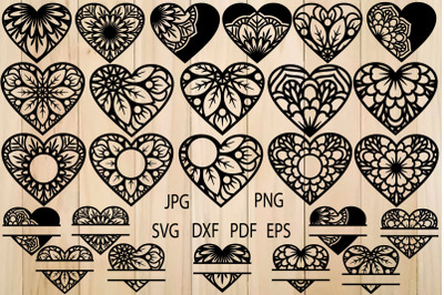 Vector Floral Mandala Heart Templates for Paper, Laser, Vinyl Cut