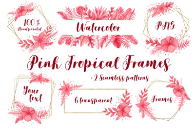 Watercolor pink tropical leaves frames