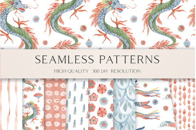Watercolor Chinese seamless pattern for fabric, Lunar Year Clipart