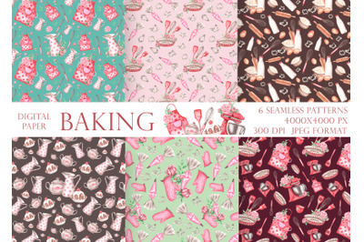 Baking watercolor digital paper. Bakery, confectioner, cookbook, baker