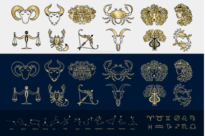 Hand-drawn zodiac set SVG Illustration.