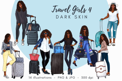Travel girls 4 - Dark Skin Watercolor Fashion Clipart