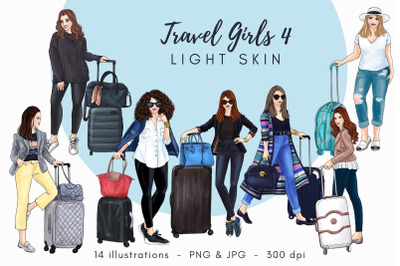 Travel girls 4 - Light Skin Watercolor Fashion Clipart