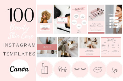 100 Editable Beauty and Skincare social media templates. Instagram bea
