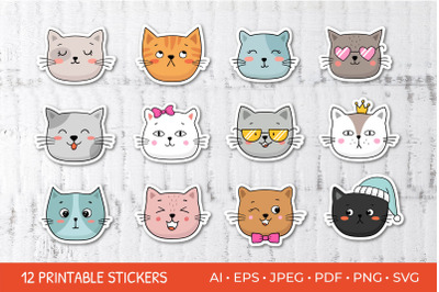Cute Cat Faces Stickers, Printable Sticker Bundle
