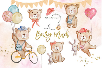 Watercolor Cute Beary Clipart, Cute Beary Much, Love Balloon Bicycle