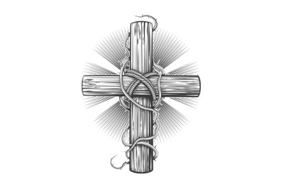 Hand Drawn Cross in Thorns Tattoo isolated on white