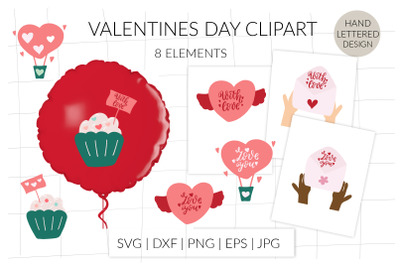 Valentines day clipart. Hot air balloon, cupcake, envelope