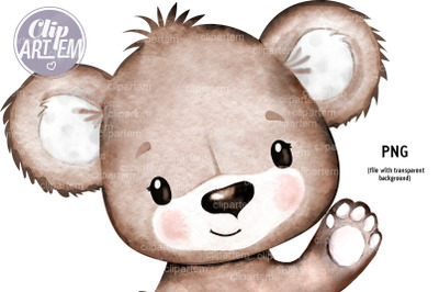 Brown Bear waving hand up Neutral baby boy or girl bear clip art