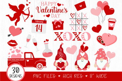 30 Valentines Day Clipart Bundle, Red Truck, PNG
