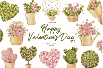 Happy Valentine Day. Clipart plants collection. PNG. 300 DPI