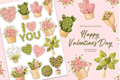 Happy Valentine Day. Sticker pack plants collection. 15 elements.