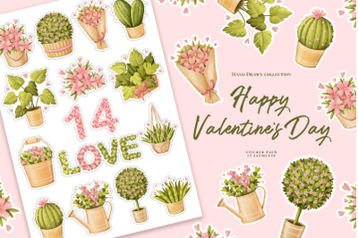 Happy Valentine Day. Sticker pack plants collection. 15 elements.