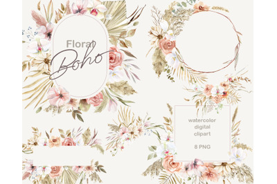 Watercolor Boho Flower wreaths and frames. Floral and Pampas clipart.