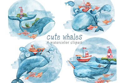 Watercolor whale clipart / underwater clipart- 4 png files