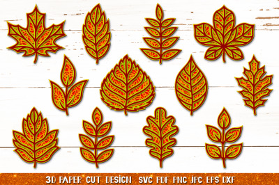 3D Leaves Papercut Bundle SVG,3D Fall Leaves Silhouette SVG