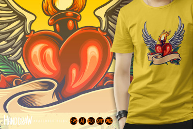 Flying heart fiery with vintage ribbon