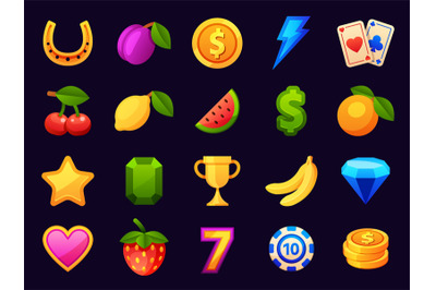 Casino slot machine icons, gambling game symbols. Cartoon elements for