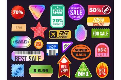 Trendy 90s holographic sticker sale labels and tags shapes. Retro disc