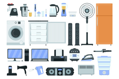 Flat household electric appliances, technology shop icons. Fridge, coo