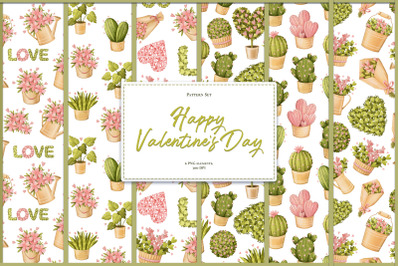 Valentine&#039;s Day plants. Seamless pattern set. PNG format