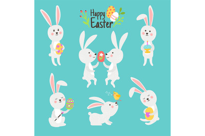 Happy easter bunnies with eggs