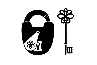 Silhouettes of antique key and padlock