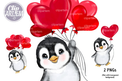 Penguins with Heart Balloons, love penguins watercolor 2 PNG clip art
