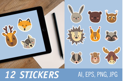 Cute faces of forest animals. Printable Stickers for Cricut