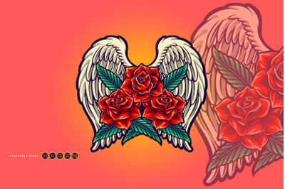 Red rose blooms with angel wings