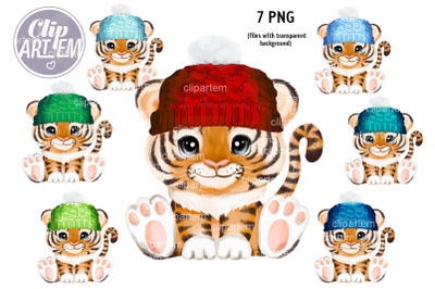 7 Tigers in Winter Hat Cute Boys Watercolor PNG Clip Art Set
