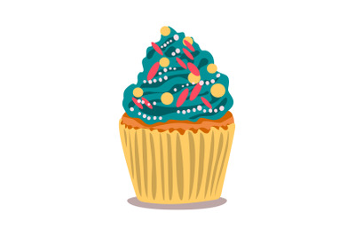 Cartoon cupcake with colorful shavings and blue cream decoration. Muff