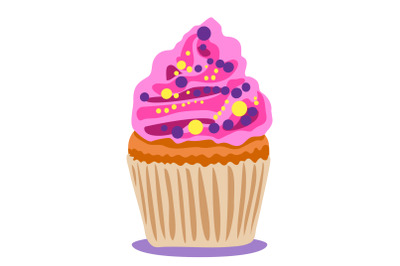 Cartoon cupcake with colorful shavings and pink cream decoration. Muff