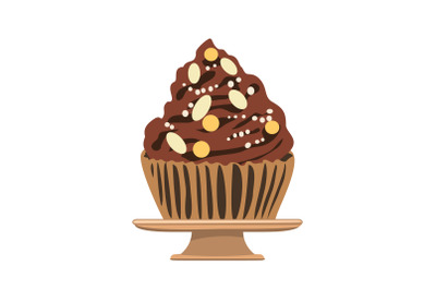 Cartoon chocolate cupcake with colorful shavings and brown cream decor