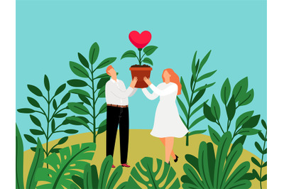 Grow love. Woman and man with heart in flowerpot with tropical monster