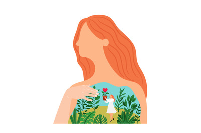 Woman in love. Female person given self heart flower vector illustrati