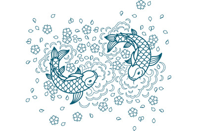 Japanese brocade koi carps in water monochrome graphics