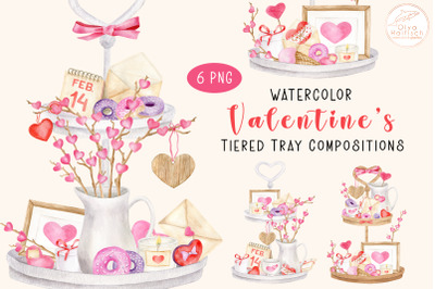 Valentines Clipart. Watercolor Valentine Tiered Tray PNG Compositions