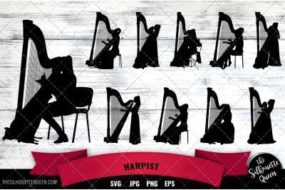 Harpist svg file, musician svg cut file, silhouette studio