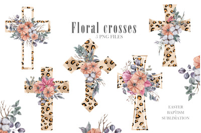 Leopard cross png. Easter watercolor floral crosses clipart