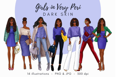 Girls in Very Peri - Dark Skin Watercolor Fashion Clipart