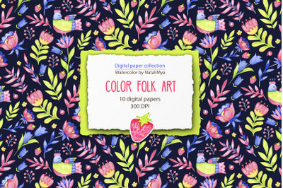 Watercolor color folk art digital paper
