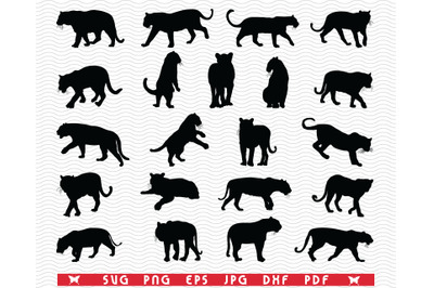 SVG Tigers&2C; Black isolated silhouettes&2C;  Digital clipart