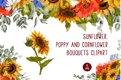 Sunflower&2C; poppy and cornflower bouquets clipart