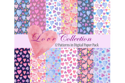 Watercolor Hearts digital paper, St Valentine seamless pattern