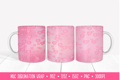 3d Hearts Mug Sublimation Wrap. Pink Valentines Day Mug