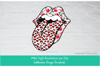 Floral Lips with Heart Leopard print Tongue PNG Sublimation