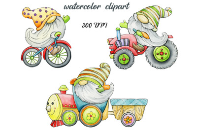 Watercolor clip art, Easter Gnomes, Gnome Sublimation, bicycle, train,