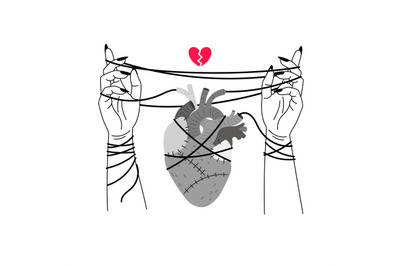 Girl broken heart. Red hearts broke symbol line sketch vector illustra